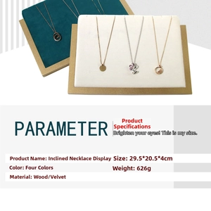 Detail view of velvet necklace display board with gold frame and size specifications