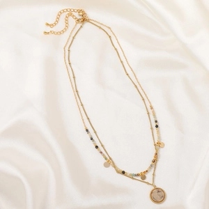 Bohemian gold layered necklace with colorful stone beads and marble pendant on silk