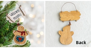 Front and back view of wooden gingerbread man welcome sign on a Christmas tree