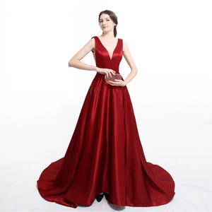 Elegant Satin Evening Dress Deep V-Neck Sleeveless Backless Lace-Up Floor Length A-Line Prom Party Gown Women