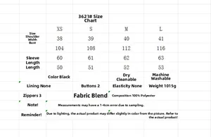Size chart for black fleece-lined biker jacket with detailed measurements and material info