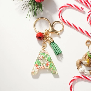 Christmas letter A keychain with snowman resin charm, red bell and green tassel