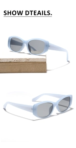 Detailed macro view of light blue matte square frame sunglasses with thick temple design