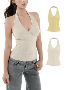 Women Halter Neck Tank Top Ribbed Knit V Neck Backless Cropped Camisole Casual Summer Sexy Slim Fit