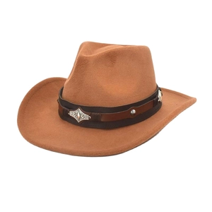 Detail of camel wool felt western hat featuring brown leather band with silver metal carvings