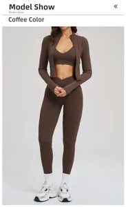 Three-piece women sports set in coffee brown featuring high waist leggings and zip jacket