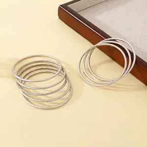 Stainless Steel Stacking Bangles Ancient Silver Frosted Minimalist Multi Layer Brushed Round Retro Fashion For Women