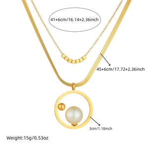 Elegant gold double-layered necklace featuring pearl and round pendant with dimensions
