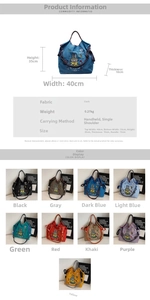 Detailed size chart and multi-color options for cartoon printed canvas tote bag