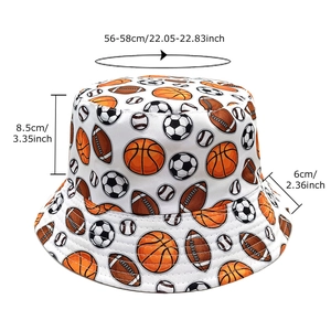 White bucket hat with colorful ball prints featuring size chart for outdoor sun protection