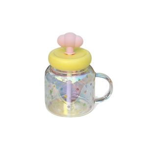Iridescent cloud glass cup with colorful dots, handle, yellow lid and pink mushroom knob