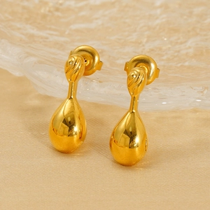 Gold waterdrop titanium steel earrings with elegant spiral texture design for women