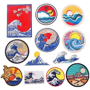 Set of 11 Japanese Great Wave embroidery patches with sunset and mountain landscape designs
