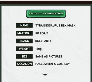 Specifications for PU foam 3D T-Rex dinosaur mask showing material and weight details