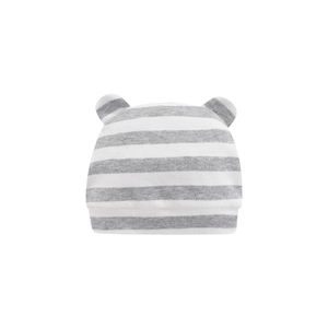 Close-up of baby knit hat with gray and white stripes and cute little ear decorations
