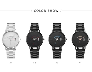 Multiple quartz watch options with mesh straps, textured dials, and date windows
