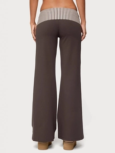 Women's dark brown wide leg trousers featuring a striped fold-over waist and loose fit