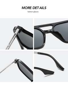 Detail view of square sunglasses with metal hinges, double bridge, and slim temples