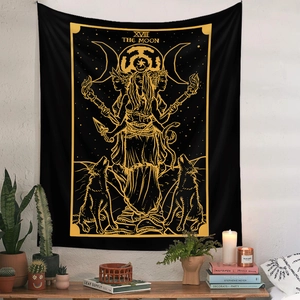 Black and gold tarot card Moon tapestry for wall decor in a cozy bohemian room setting