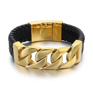 Men's black braided leather and gold stainless steel Cuban link bracelet with magnetic clasp