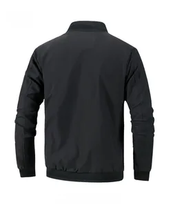 Rear view of classic black men's flight jacket with ribbed collar and hem detail