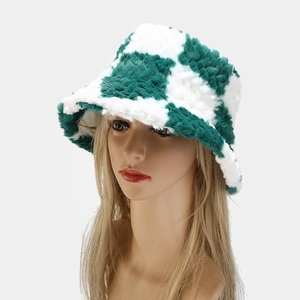 Winter plush bucket hat with green and white checkerboard pattern for women's warmth