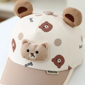 Cartoon bear ears baseball cap for toddlers with plush animal embroidery in beige