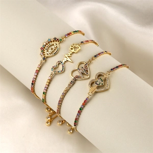 Adjustable Bolo Bracelet Copper Gold Plated With Colorful Zircon Heart EKG MOM And Paw Print Fashion Jewelry For Women