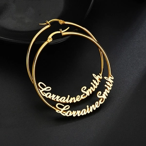 Hoop Earrings Stainless Steel Cursive Script Name Plate Style Large Circle Fashion Jewelry For Women