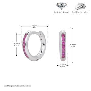 Detailed dimensions of S925 sterling silver huggie earrings with pink cubic zirconia