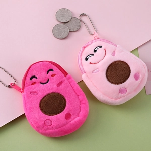 Cute avocado plush coin purse keychain with soft fur and metal bead chain accessory