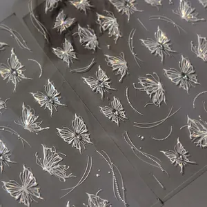 3D Embossed Butterfly Nail Stickers Laser Holographic Inlaid Rhinestone Decals DIY Manicure Japanese Style Decor