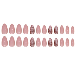 Short almond press-on nails set in nude pink and amber marble design with glossy finish