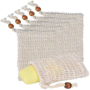 Natural linen foaming net bag with wooden bead drawstring for handmade soap lathering