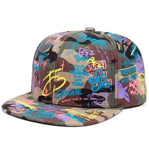 Detailed close-up of graffiti print and camo texture on a street style flat brim cap