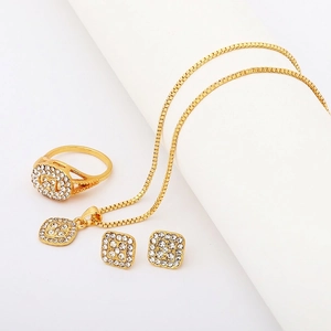 Geometric Square Rhinestone Necklace Ring And Earrings Fashion Elegant Commuter Alloy Jewelry Accessories For Women