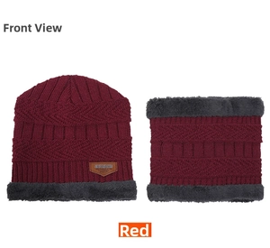 Detailed knit pattern of dark red winter hat and neck warmer set with soft gray fleece lining