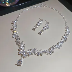 Hollow Flower Teardrop Necklace And Earrings Alloy Rhinestone With 925 Sterling Silver Earring Post Bridal Party