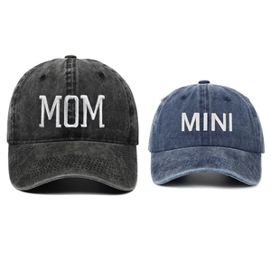 Matching MOM and MINI embroidered washed denim baseball caps for parent and child