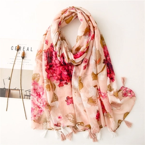 Women Vintage Floral Print Scarf Shawl Polyester Voile Cotton Linen Feel Soft Sun Protection With Tassels