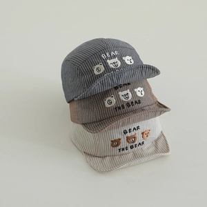 Detailed trio of striped baby baseball caps featuring cute bear embroidery in grey and beige