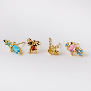 Golden princess stud earrings set with colorful animal-shaped zircon gemstones