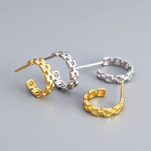 C-Hoop Earrings 925 Sterling Silver Chain Link Geometric Minimalist Jewelry For Women