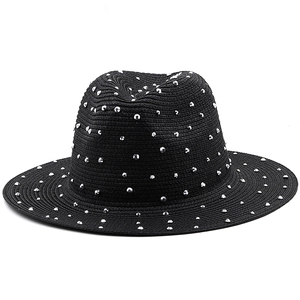 Fashionable black straw jazz hat with silver rhinestones and wide brim for sun protection