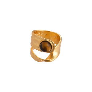 Vintage golden open ring with round brown tiger eye stone and hammered metal texture
