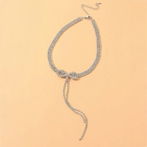 Rhinestone Bow Tassel Choker Necklace Alloy Sparkling Long Fringe Clavicle Chain For Women Sweet Elegant Party Jewelry