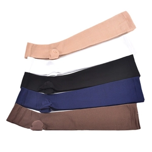 Flat lay of breathable UV protection cooling arm sleeves in five assorted colors