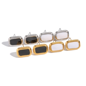 Classic black and gold geometric rectangular stud earrings in stainless steel finish