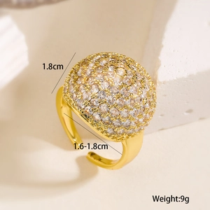 Detail view of 18K gold plated pave zircon ring with 1.8cm ball and 9g weight info