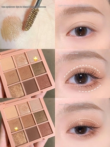 Detailed view of nine-color eyeshadow palette with matte and shimmer swatches on skin
